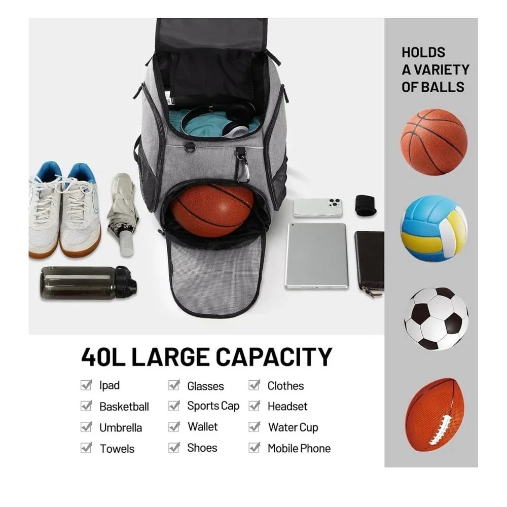 MIER Gym Backpack 40L Basketball Soccer Bag with Ball Compartment Gray Black